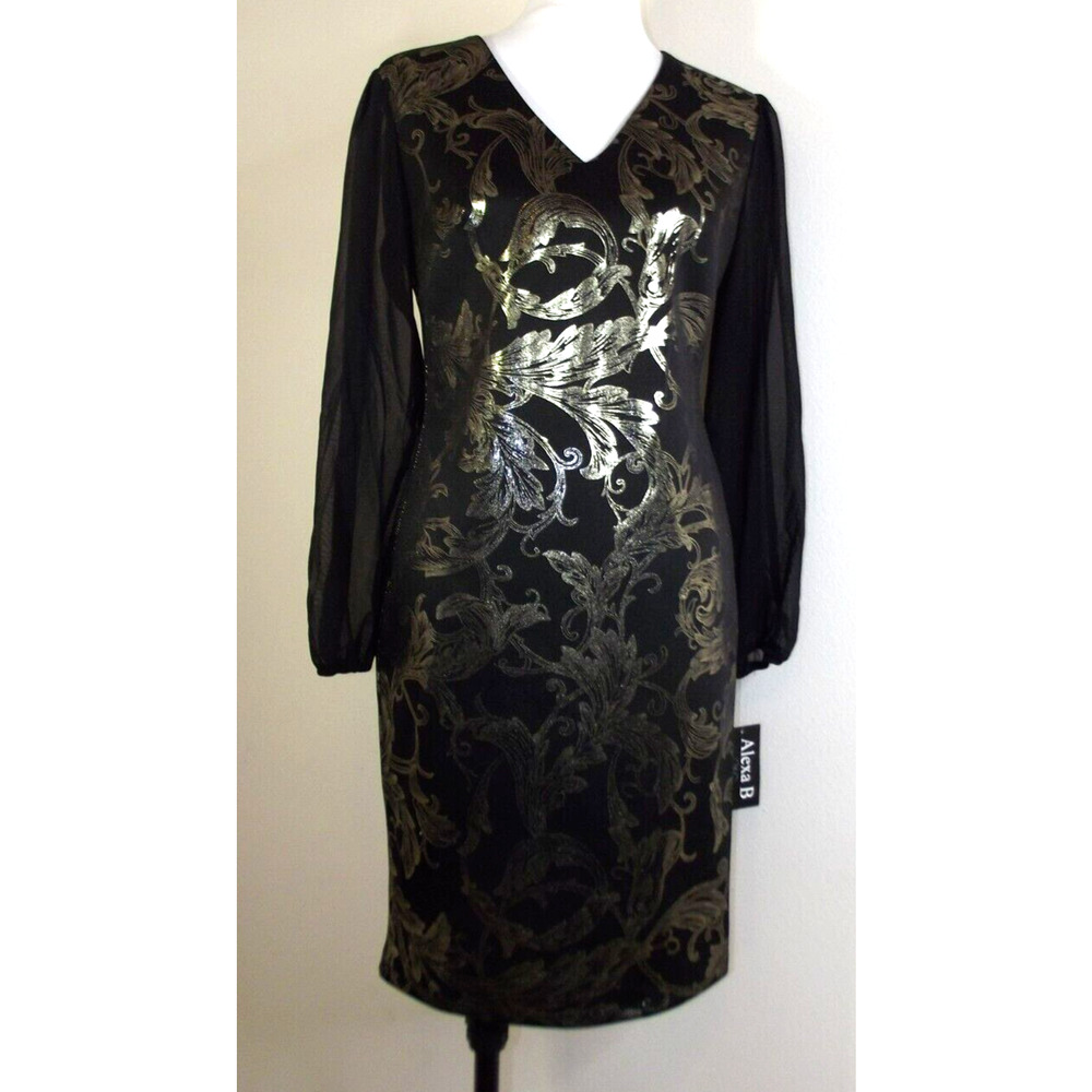 Alexa B Nites Womens Sheath DRESS - Size 4 Black Gold V-Neck Sheer Sleeves NWT